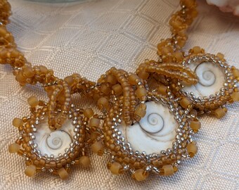 Trinity Pendant Sand Seashell Spiral Beadwork Necklace