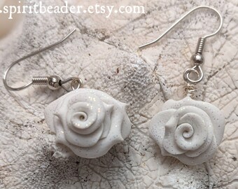 White Glittering Rose Wedding Polymer Earrings