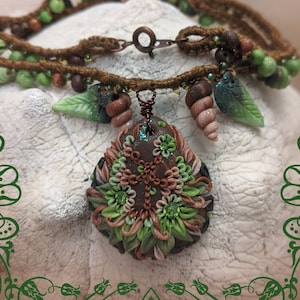 Forest Fairy Wood Elf Emerald Rhinestone Leafy Clay Pendant Necklace