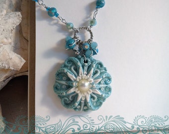 Aqua Angel Sea Urchin Pearl Polymer Pendant Beaded Necklace