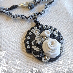 Black Lace Victorian White Rose Flowers Polymer Pendant Beaded Necklace