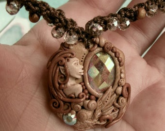 Bronze Mermaid Cameo Pendant Gold Brown Crochet Necklace