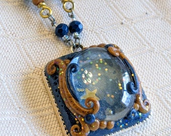 Celestial Star Orb Gold Navy Polymer Glass Square Pendant Crystal Necklace