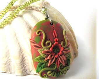 Fairy Wings Garden Crystal Flowers Vines Polymer Clay Pendant Beaded Necklace