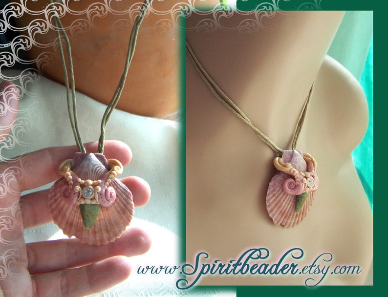 Rhinestone Pink Seashell Polymer Aventurine Pendant Necklace image 4