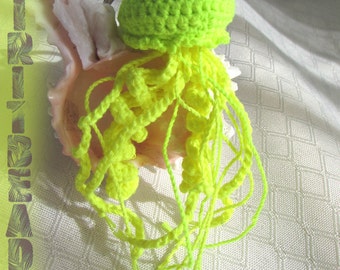 Neon Fluorescent Yellow Crochet Beach Jellyfish Keychain Silver Split Ring