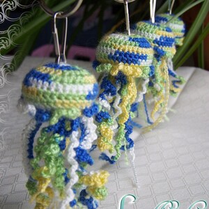 Crochet Set of FOUR -12 dollars each- Blue Green Yellow White Jellyfish Keychain Zipper Pull Purse Hook