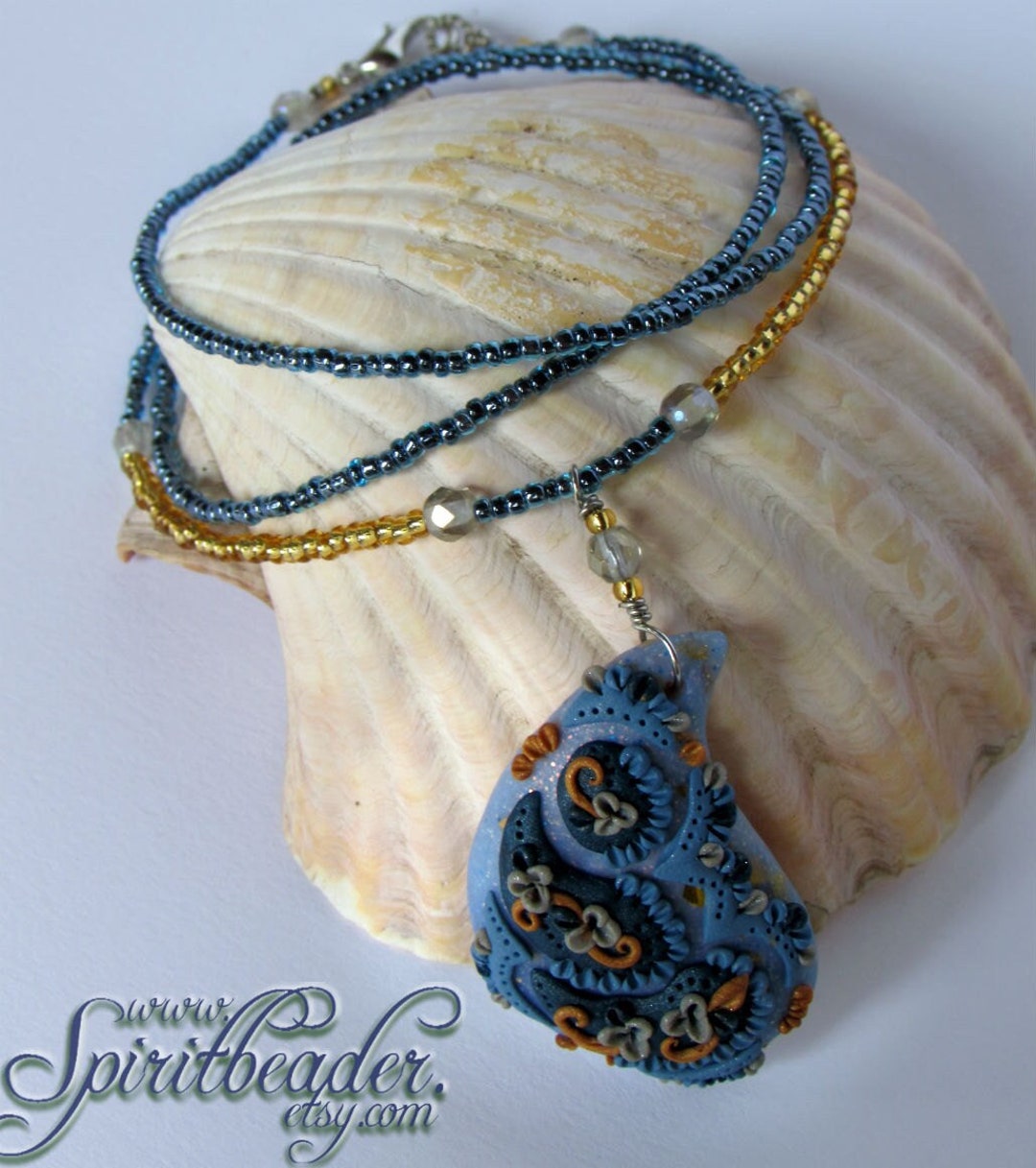 Nautical Paisley Polymer Clay Pendant Beaded Necklace Navy  display picture 2