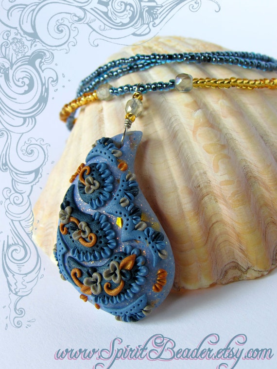 Nautical Paisley Polymer Clay Pendant Beaded Necklace Navy  display picture 1