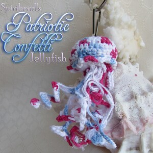 Patriotic Confetti Jellyfish Red White and blue Sea Creature Keychain, Zipper Pull, Purse Hook