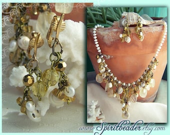 Golden Sea Cluster Seashell Stone Genuine Pearl Necklace Earring Set