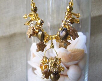 Golden Starfish Shell Cluster Charm Necklace and Earrings Set