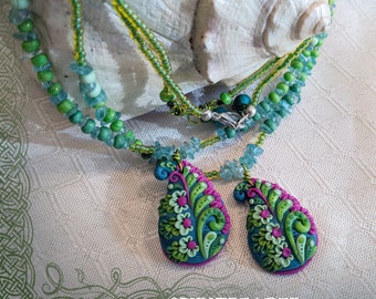 Magenta Flowers Paisley Green Polymer pendant Matching beaded Friendship Necklaces