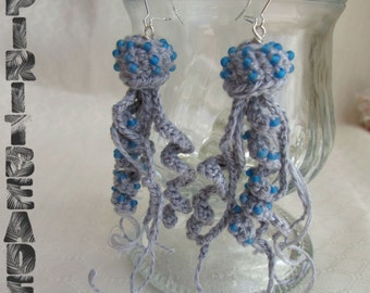 Cerulean Studded Grey Spotted Jellyfish Crochet Silver Hook Dangle Earrings