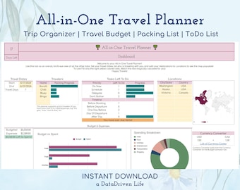 Planificador de viajes todo en uno en Google Sheets / Itinerario de viaje, presupuesto de vacaciones, seguimiento de gastos, lista de equipaje / 9 pestañas / Planificador de cruceros en hoja de cálculo