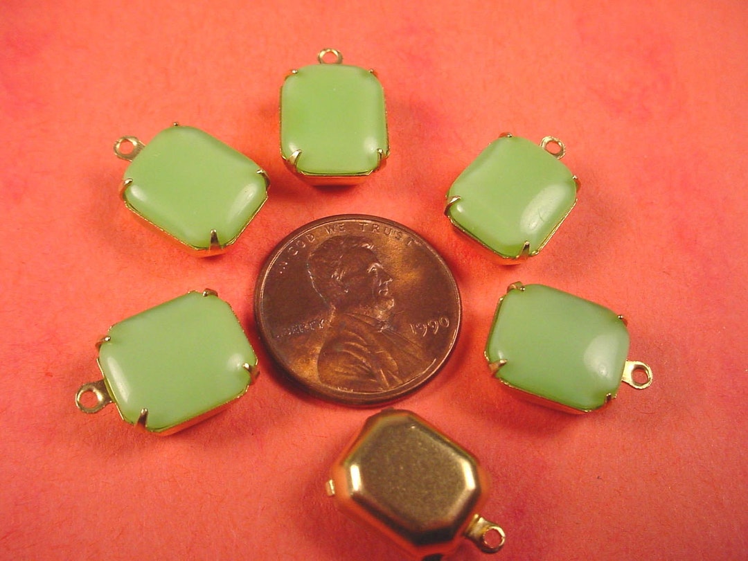 Vintage Glass Lime Green Moonstone Octagon Drop Brass Setting Etsy