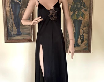 Vintage 80s Plunging Black Nightgown Pajama Dress Cutout Flower Bust High Slit L