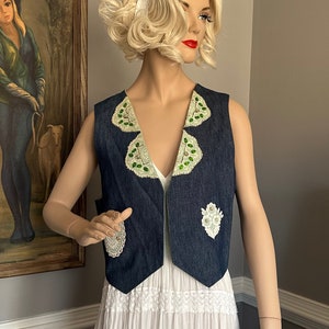 Vintage Denim Vest Lace Butterfly Embellished Craftcore Cottagecore M