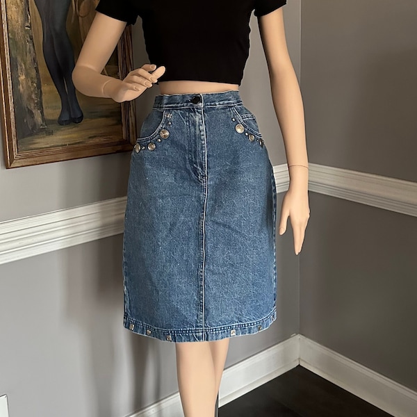 Vintage Jean Skirt Pencil Skirt Stone Wash Denim w/ Rhinestones and Studs M/L