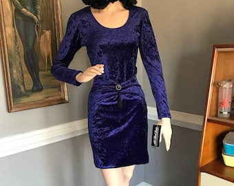 Vintage Crushed Velvet Bodycon Dress Size Medium Purple Dead Stock All That Jazz Art Deco Brooch & Hip Swag