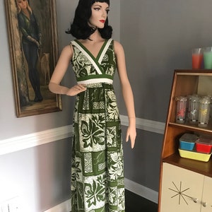 Vintage Liberty House Hawaiian Dress Olive Green Batik Tapa Print XS
