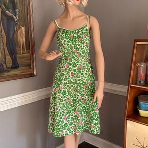 Vintage Caroly of Miami Pink Frogs on Green Floral Swim Sun Dress Full Skirt M/L
