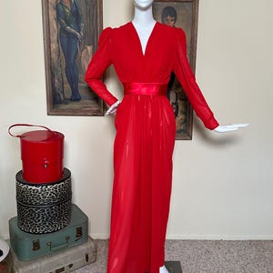 Vintage 70s Queen of Hearts Draped Red Chiffon Formal Maxi Cocktail Party Dress M