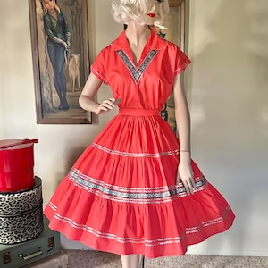 Vintage 1950s Coral Fiesta Patio Circle Skirt Southwest Dress Top Set M