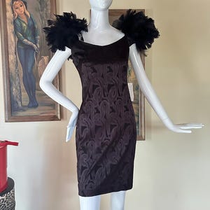 Vintage 80s Avant Garde Feathered Shoulders Cocktail Party Dress S/M