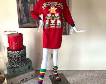 Vintage 90s Pajama Party Teddy Bear Sleep T-Shirt & Rainbow Socks Set PJS OS