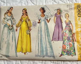 Vintage 70s Wedding Dress & Bridesmaids Maxi Juliet Cap Sewing Pattern Size 12 Bust 34 Simplicity