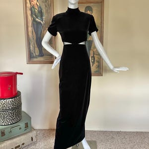 Vintage 90s Goth Black Velvet Cut Out Bodycon Dress Vamp Prom S/M