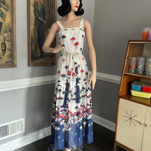 Vintage 1970s Maxi Sun Dress Red White & Blue Floral Sundress Small