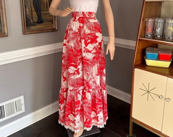 Vintage 70s Rojo Hawaiano Prairie Maxi Falda Floral Cintura Alta S