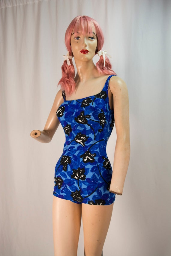 Vintage PINUP GIRL Swimsuit Mod Blue & Black Abstract Floral Etsy