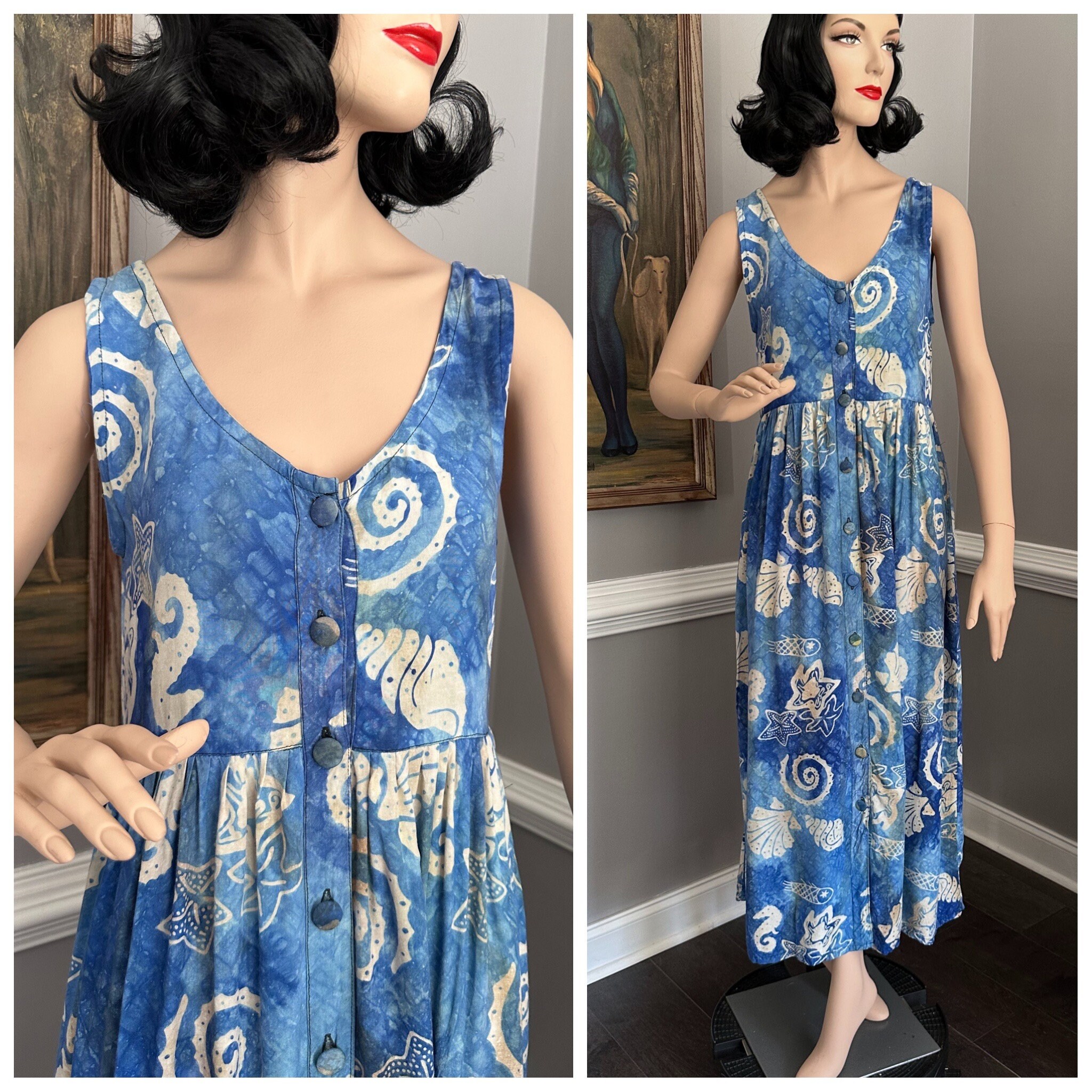 Vintage 80s Batik Button Dress Midi Hippie Sealife Print Vintage 80s Batik Button Dress Midi Hippie Sealife Print