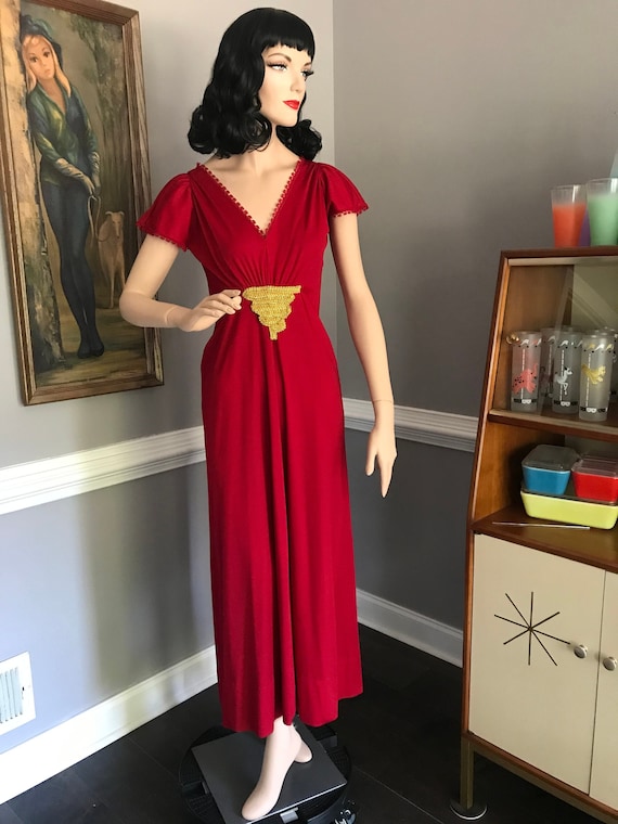 Vintage 70s Goddess Red Maxi Dress Flutter Sleeve… - image 1