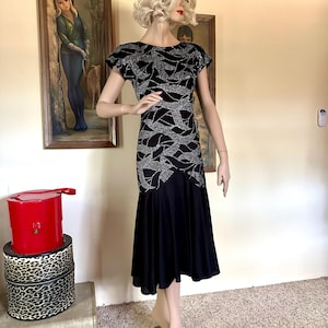 Vintage 1980s Black Glitter Leaf Party Prom Dress Mermaid Hem M/L