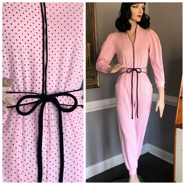 Vintage 1980s Jumpsuit Pink & Black Polka-dots New Wave Sporty All That Jazz XS/S