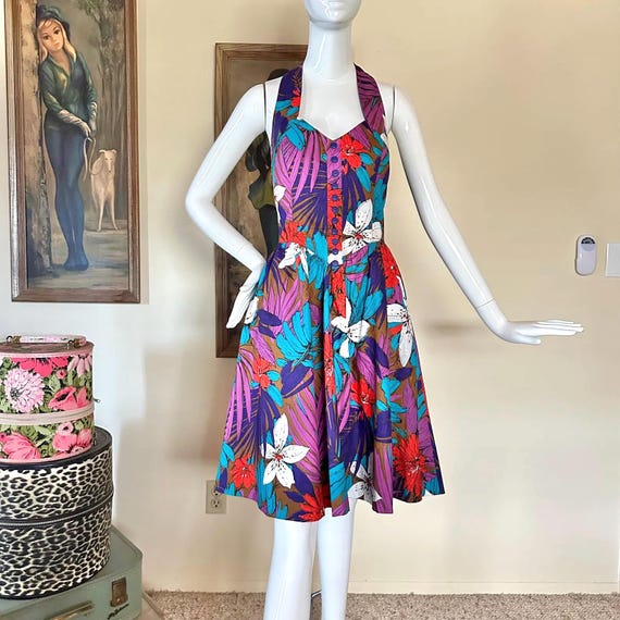 vintage hawaiian halter dress 1980s Tropical Circle Sun M Tiana pittelle