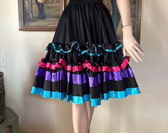 Vintage 80s Rainbow Ribbon Can Can Crinoline Circle Skirt Swing Square Dance S/M