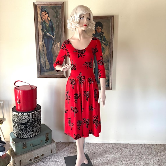 Vintage 80s Red Black Ballerina Floral Print Midi Skater Dress M