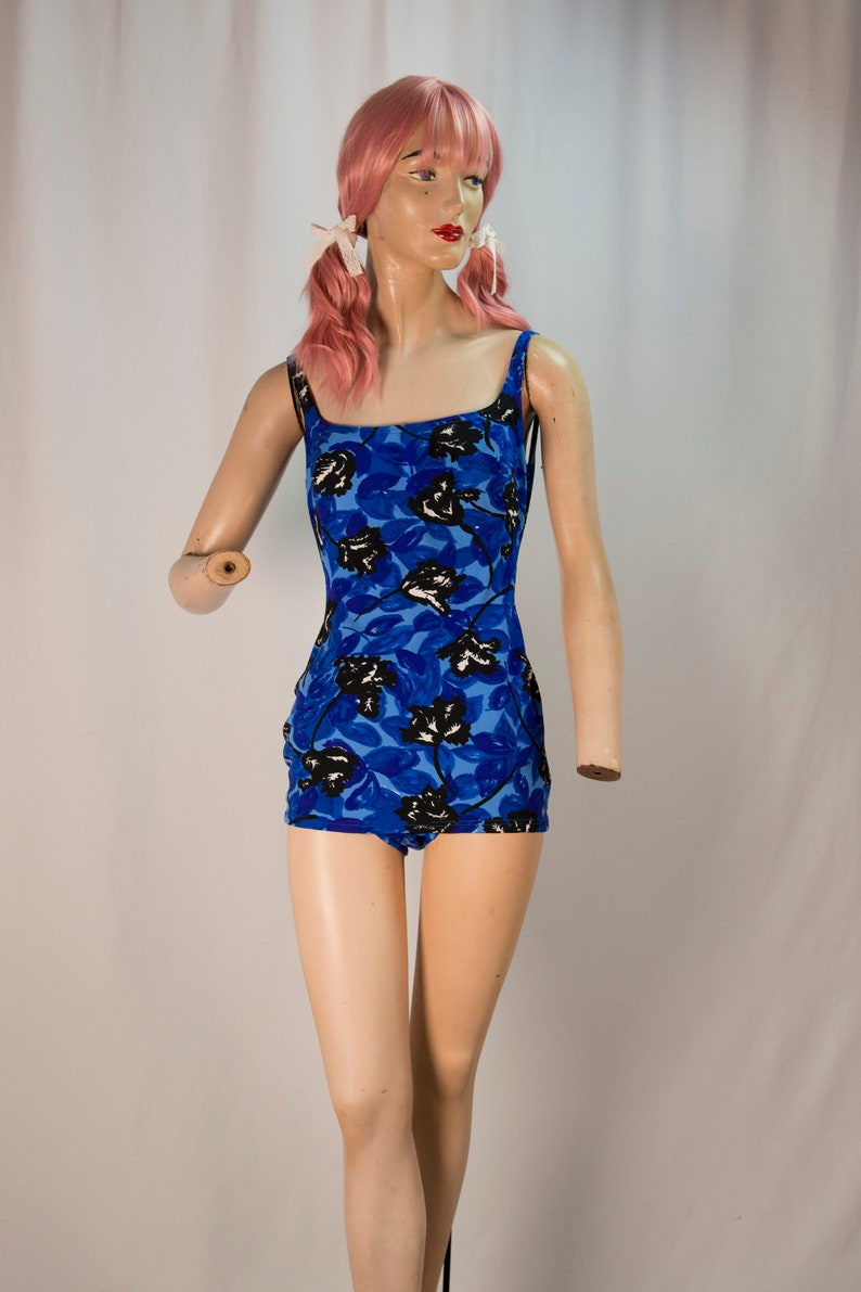 Vintage PINUP GIRL Swimsuit Mod Blue & Black Abstract Floral Etsy