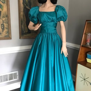 Vintage 80s Teal Taffeta Princess Prom Dress Giant Puff Sleeves & Full ...