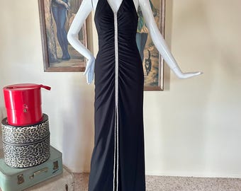 anna nicole smith black dress Vintage Y2K Anna Nicole Smith Draped Black Rhinestone Halter Evening Dress S/M