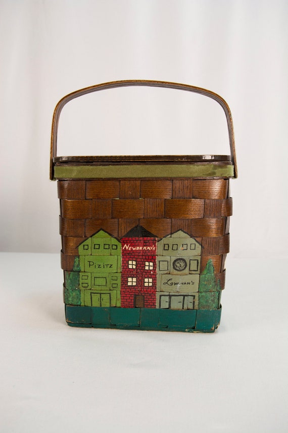 Vintage 1960s Purse Wooden Basket Hand Painted Hometown Scene Picnic Basket Shape
