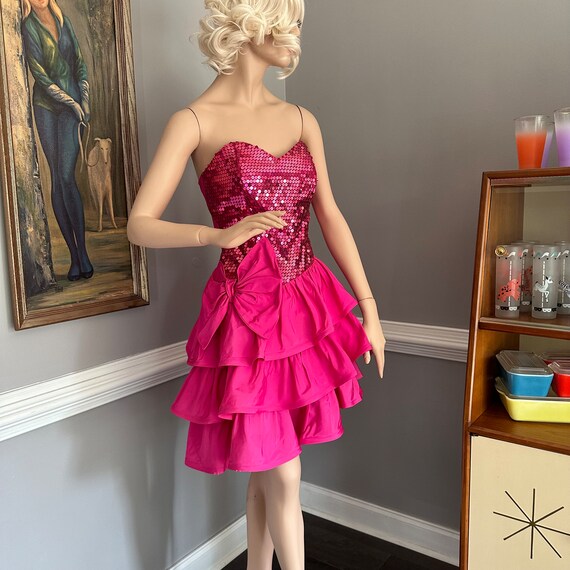Vintage 1980s Hot Pink Party Dress Strapless Mini… - image 5