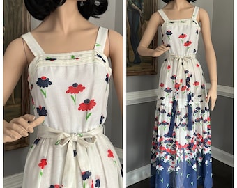 Robe d'été longue vintage des années 1970, rouge, blanc et bleu, petite robe d'été à fleurs