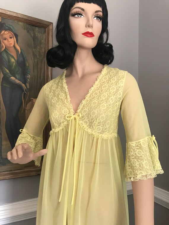 Blouse Vintage Babydoll Jaune - Nuisette Rétro Transparente - Taille 2 - Occasion Très Bon État