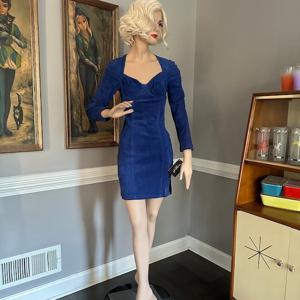 Vintage 80s Super Model Blue Suede Mini Dress Bodycon Deadstock XS